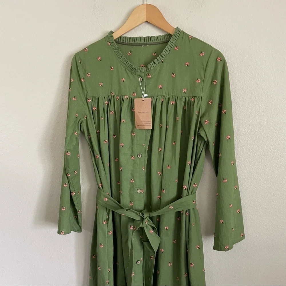 Soolinen Floral Embroidered Belted Midi Button Front Dress Green Size Large